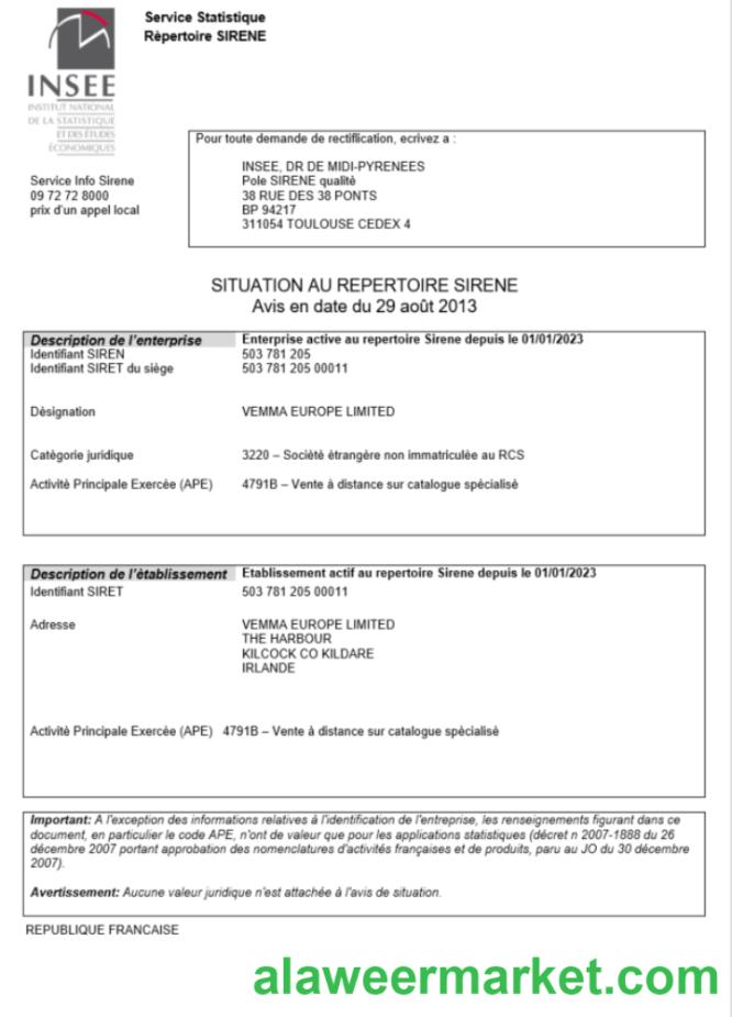 France INSEE registration certificate Word and PDF template
